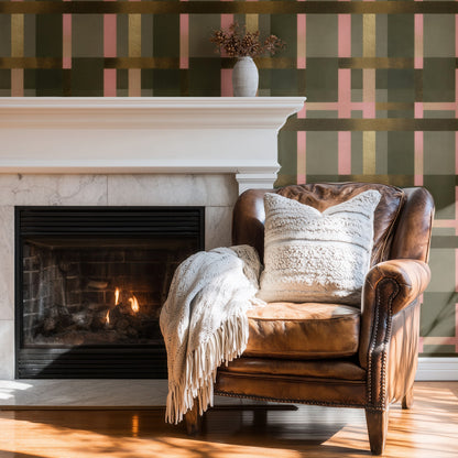 Olive Plaid large scale wallpaper in a styled room