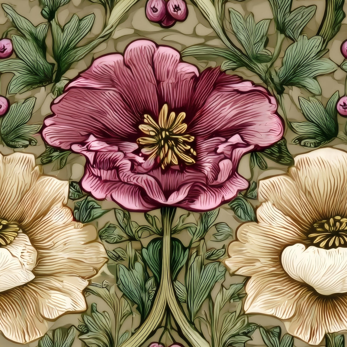 Olive Poppies large scale wallpaper pattern repeat