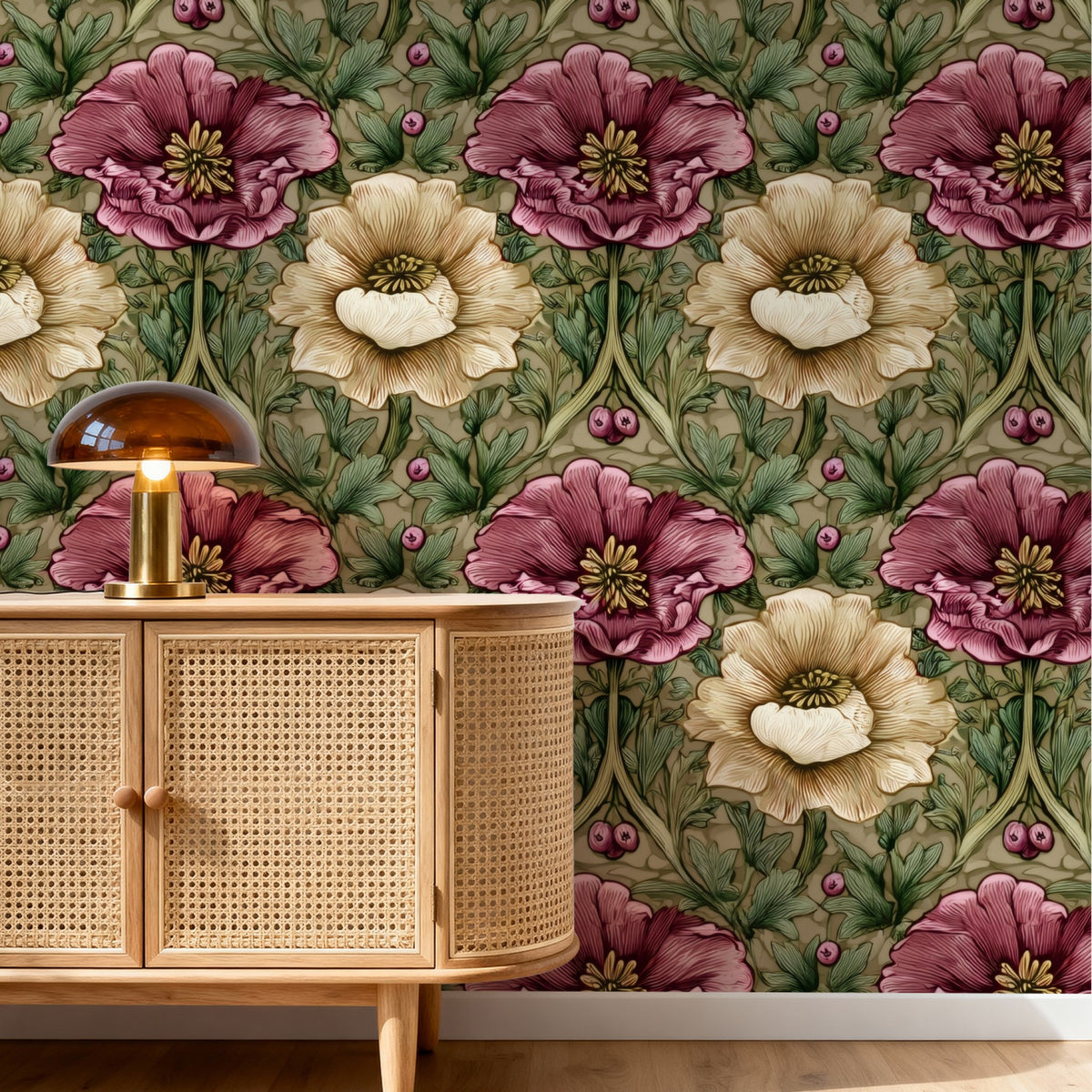 Olive Poppies large scale wallpaper in a styled room
