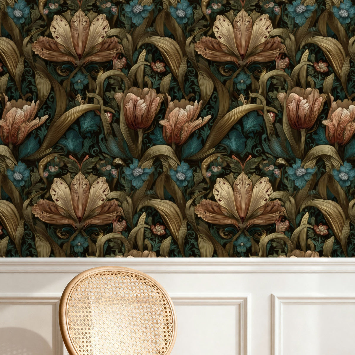 Olive Tulip large scale wallpaper in a styled room