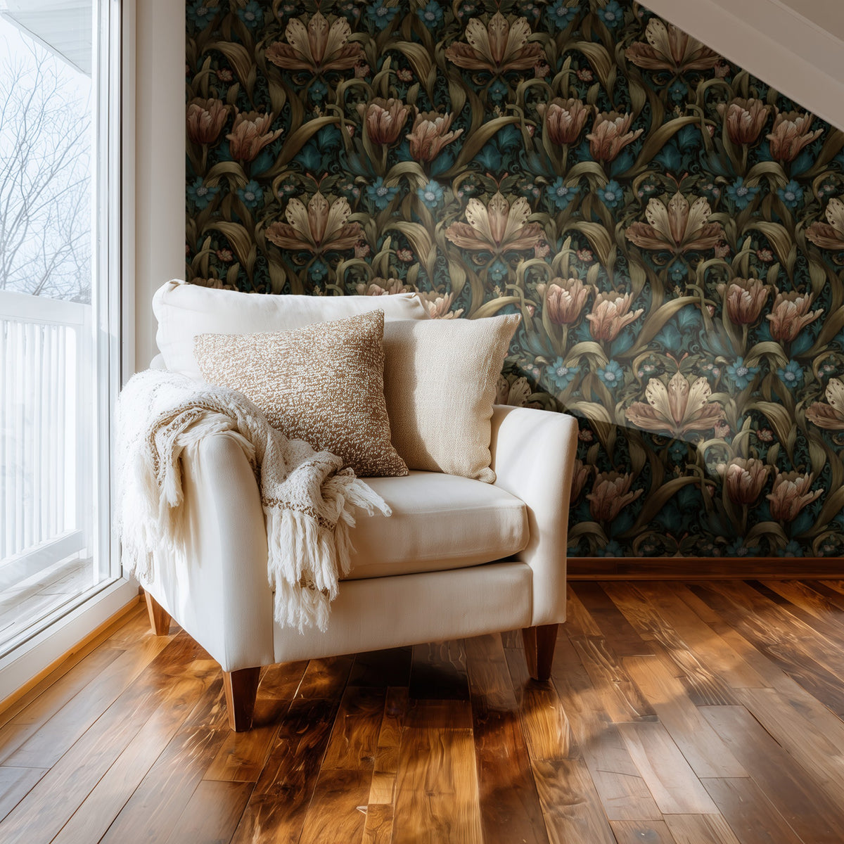 Olive Tulip large scale wallpaper in a styled room