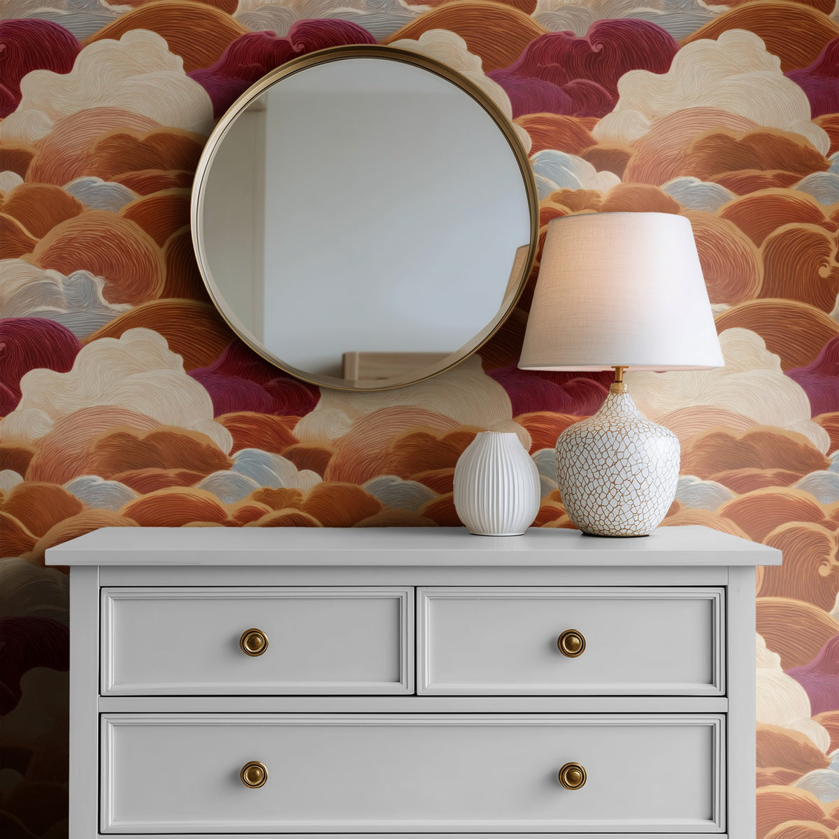 Orange Wave large scale wallpaper in a styled room
