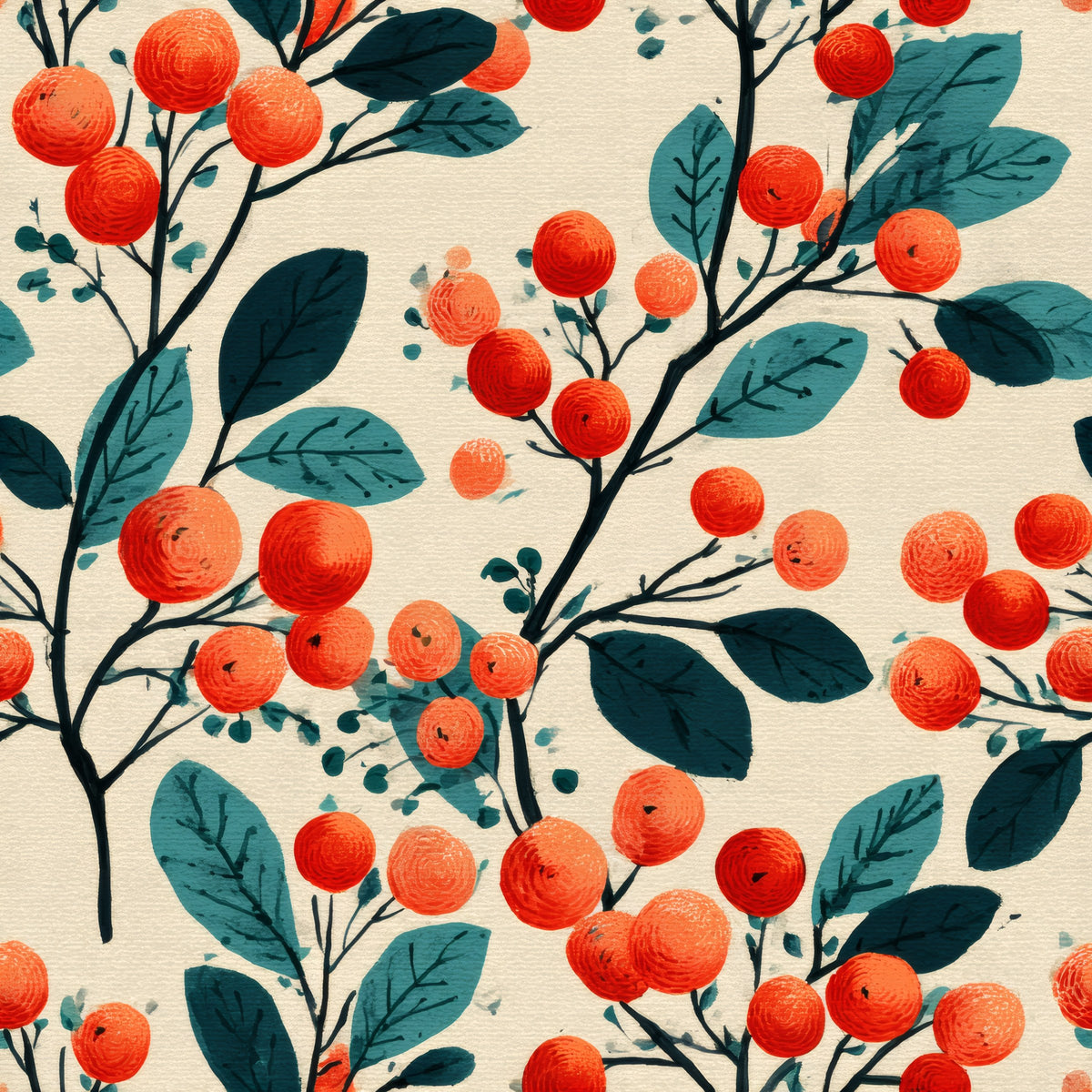 Clusters of red and coral berries with deep teal leaves on dark branches over a cream ground.