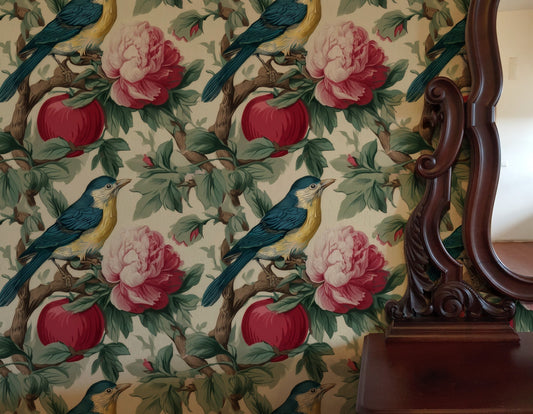 Orchard Birds large scale wallpaper in a styled room