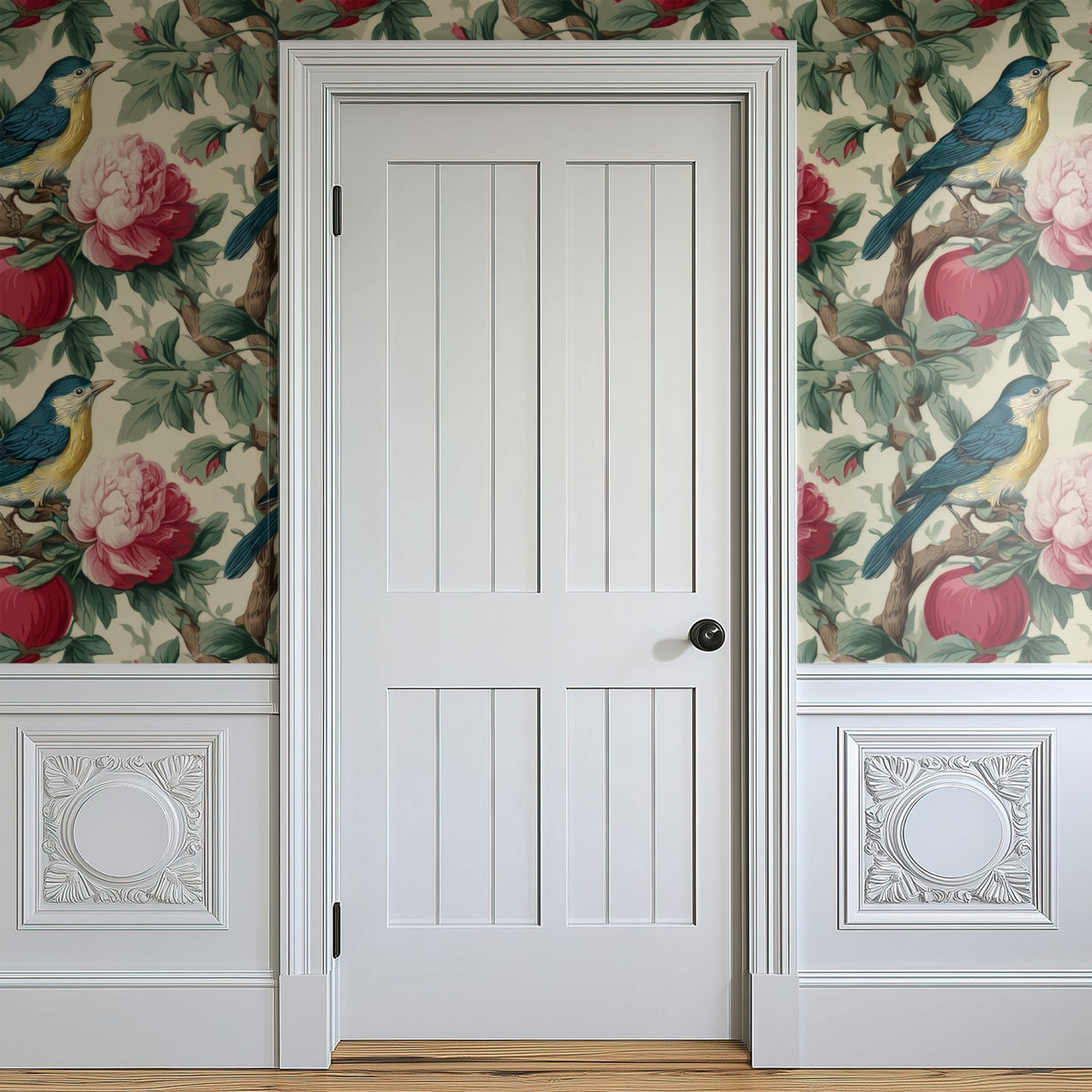 Orchard Birds large scale wallpaper in a styled room