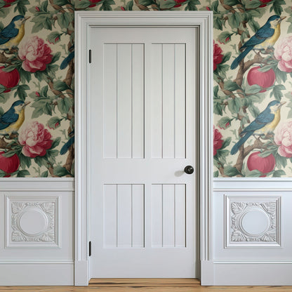 Orchard Birds large scale wallpaper in a styled room
