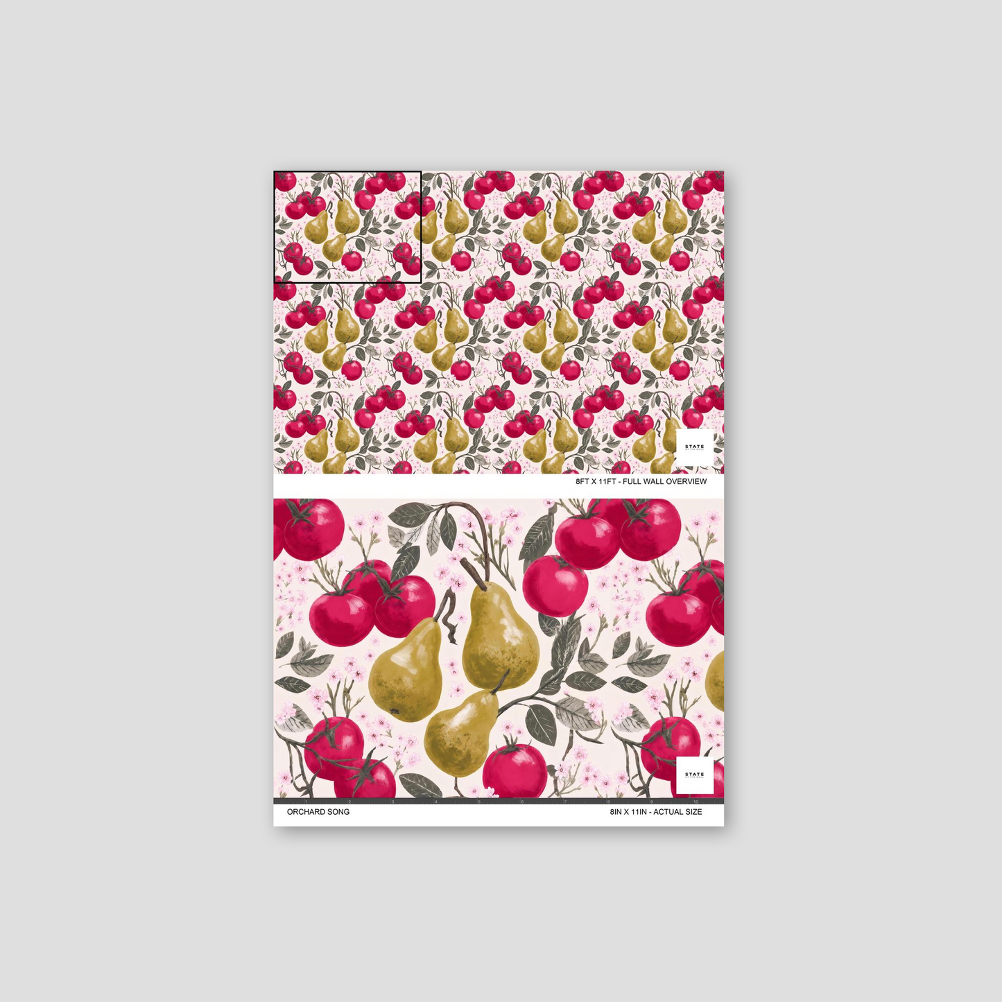 Floral wallpaper with red tomatoes, golden pears, pink blossoms, and green leaves.