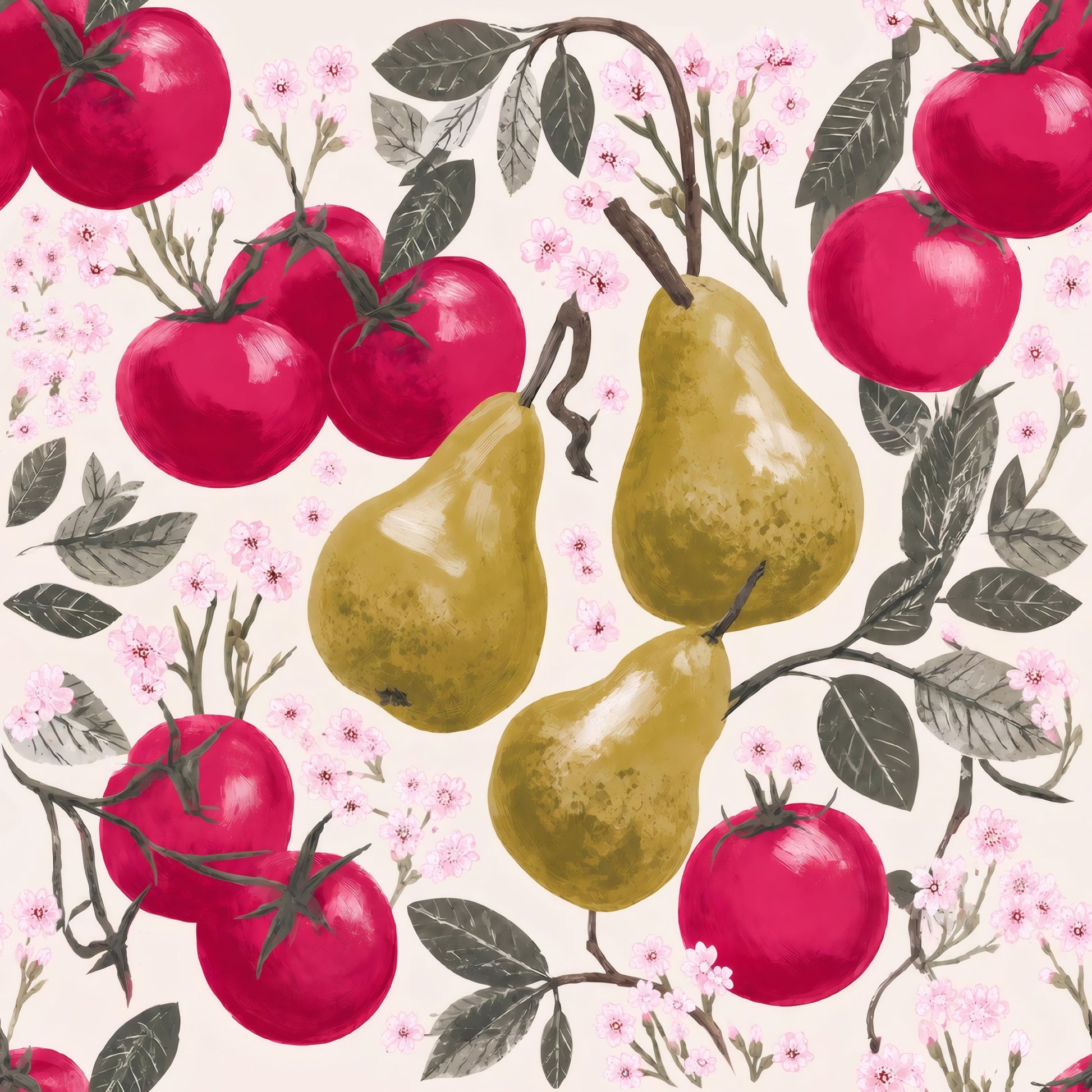 Crimson tomatoes and golden pears with pink cherry blossom on a warm cream ground in a lush fruit wallpaper.