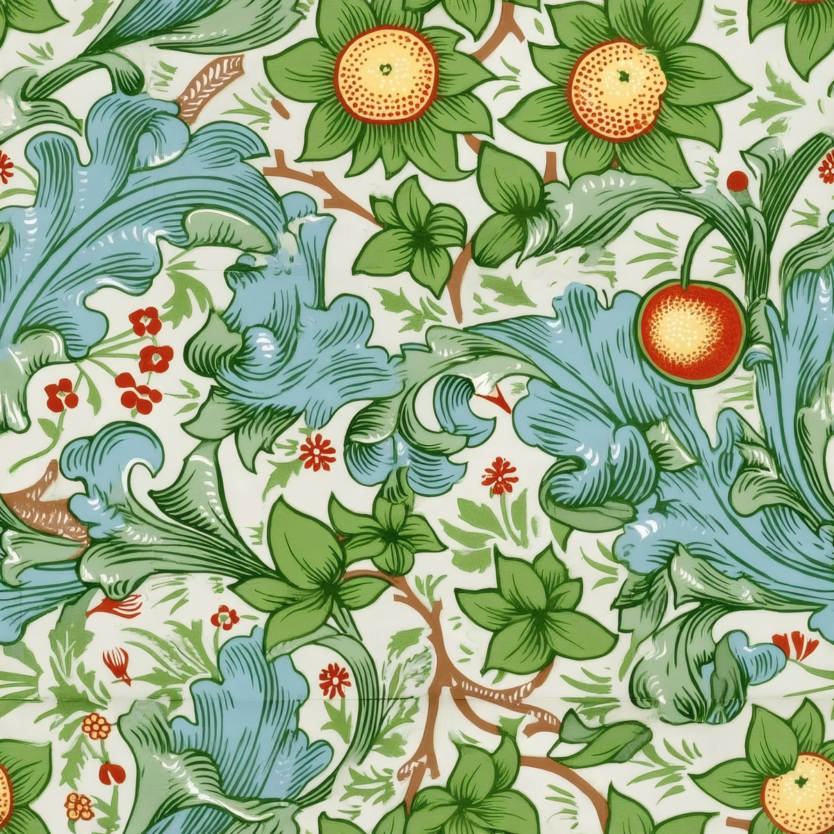 Golden fruit, red berries and blue acanthus leaves cover a fresh ivory ground, a William Morris design.