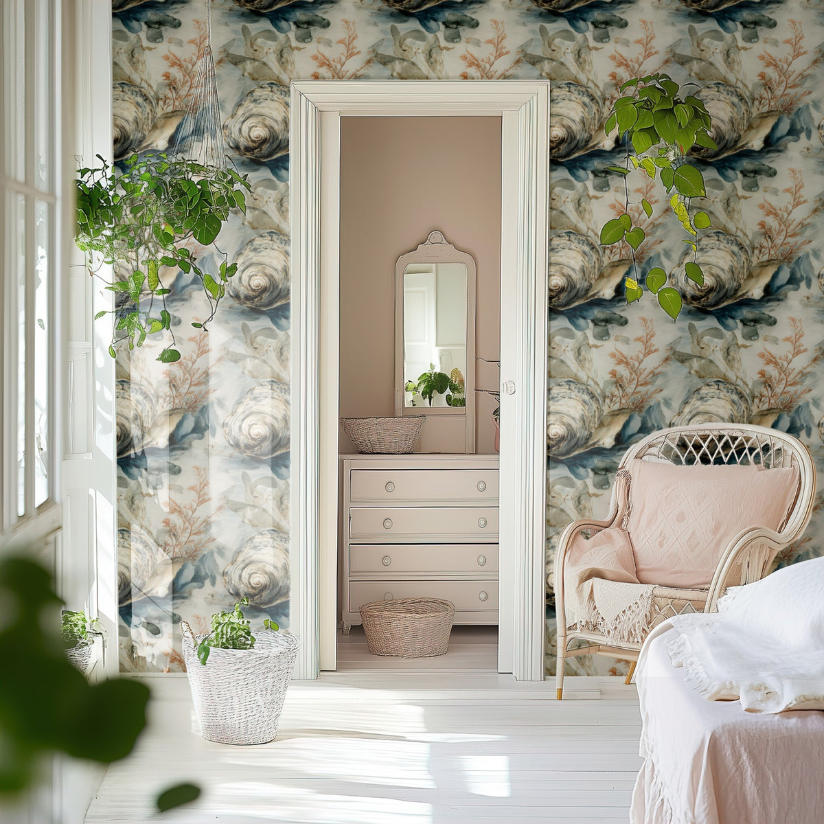 Oyster Shore large scale wallpaper in a styled room