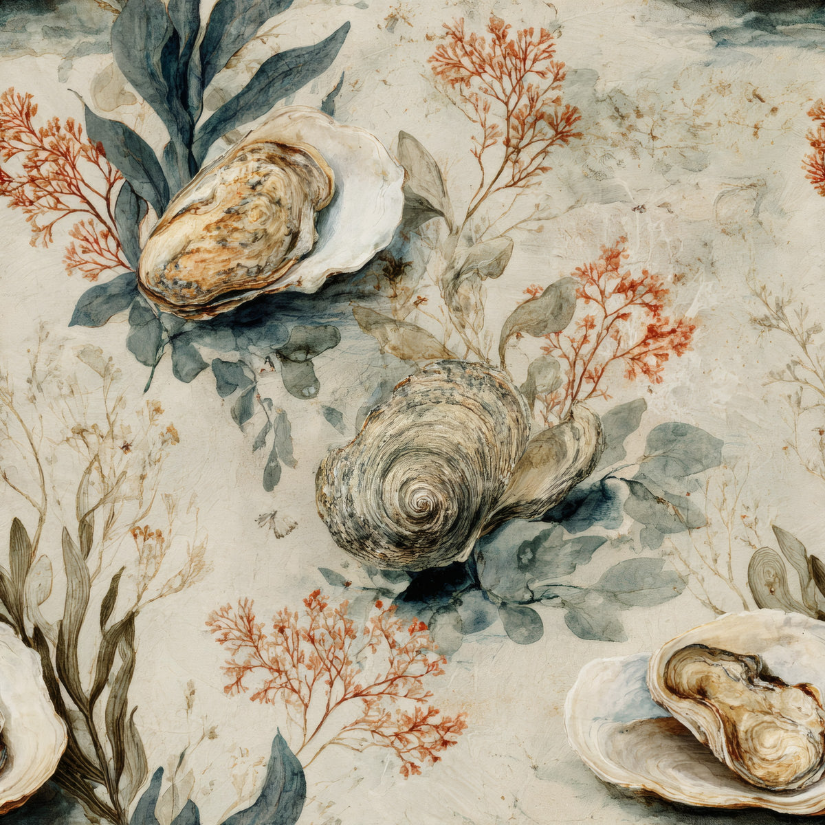 Watercolour oysters, shells and coral on aged parchment in grey and rust.