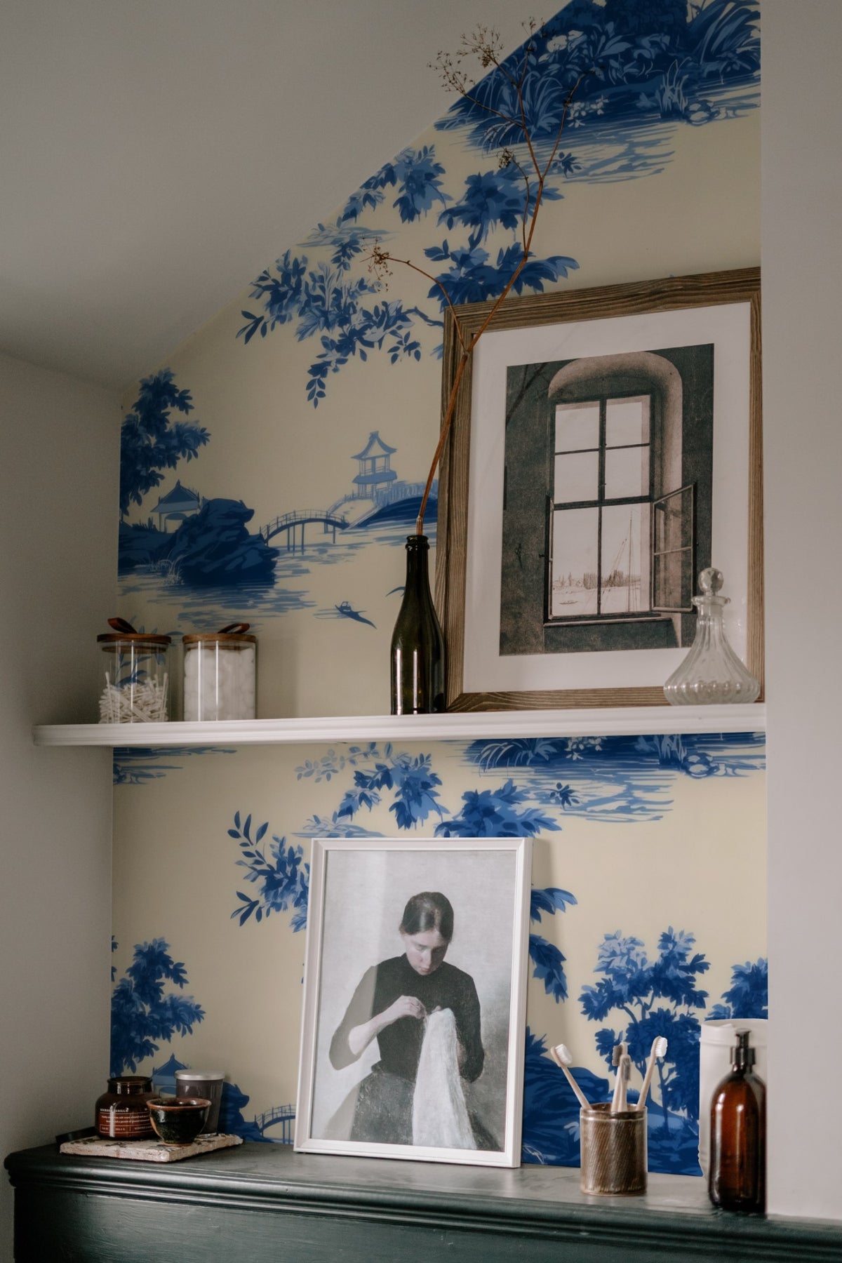 Pagoda Toile large scale wallpaper in a styled room