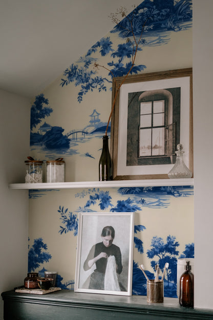 Pagoda Toile large scale wallpaper in a styled room