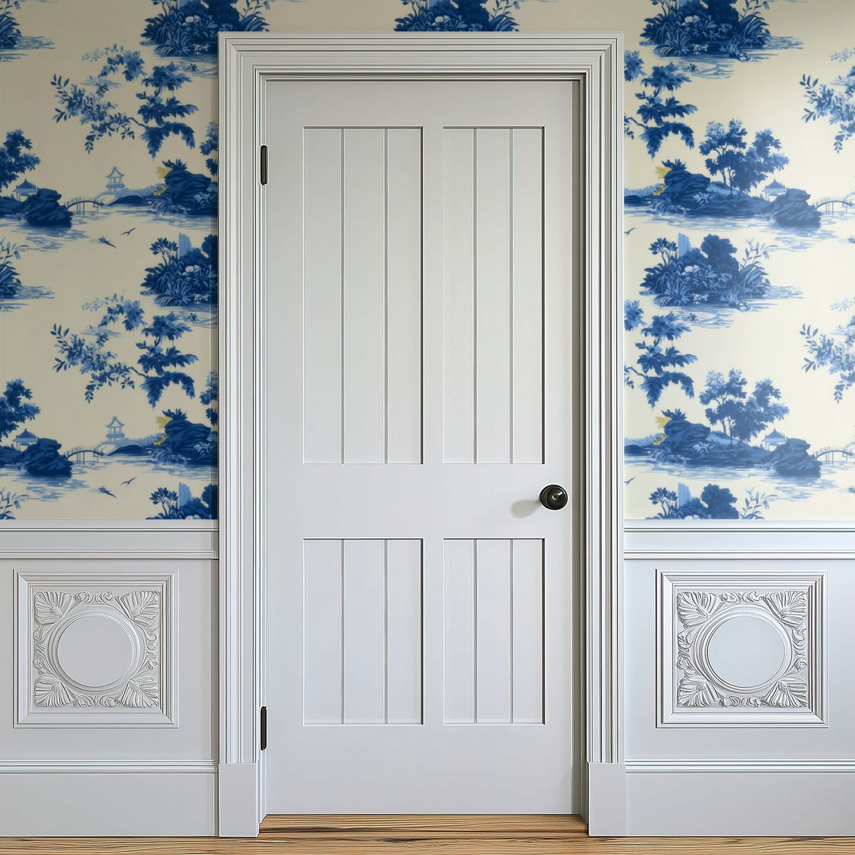 Pagoda Toile large scale wallpaper in a styled room