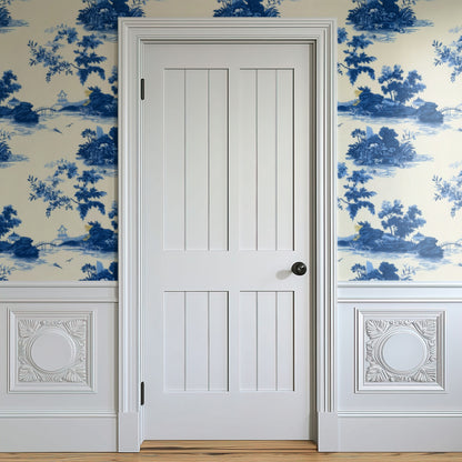 Pagoda Toile large scale wallpaper in a styled room