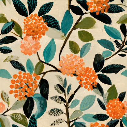Painterly clusters of orange and peach berries with teal, olive and dark leaves on a cream ground.