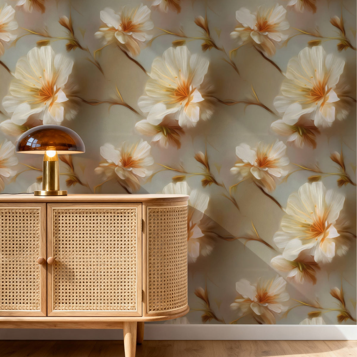 Painted Blossom large scale wallpaper in a styled room