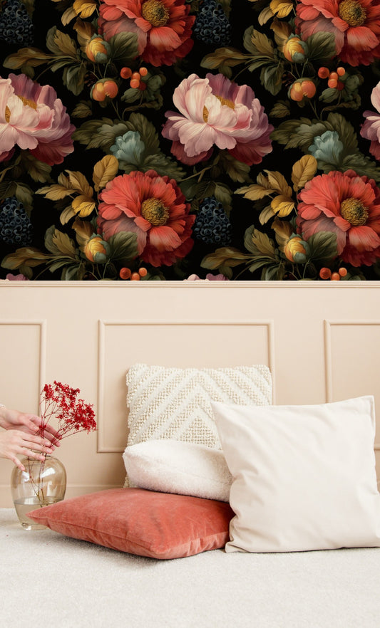 Painted Bouquet large scale wallpaper in a styled room