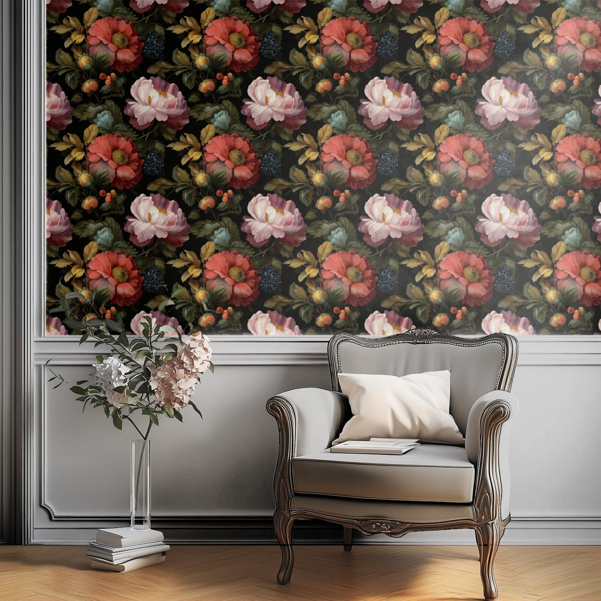 Painted Bouquet large scale wallpaper in a styled room