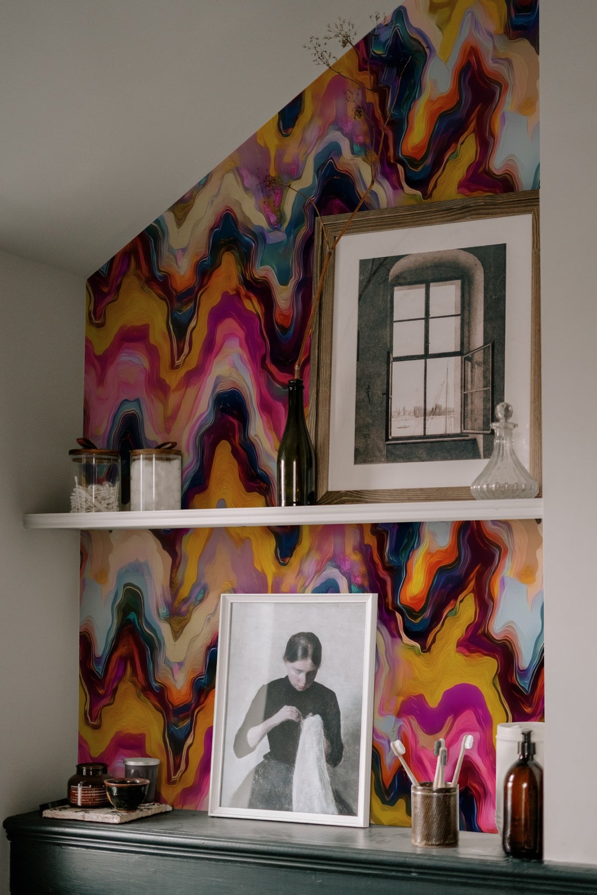 Painted Bridges large scale wallpaper in a styled room