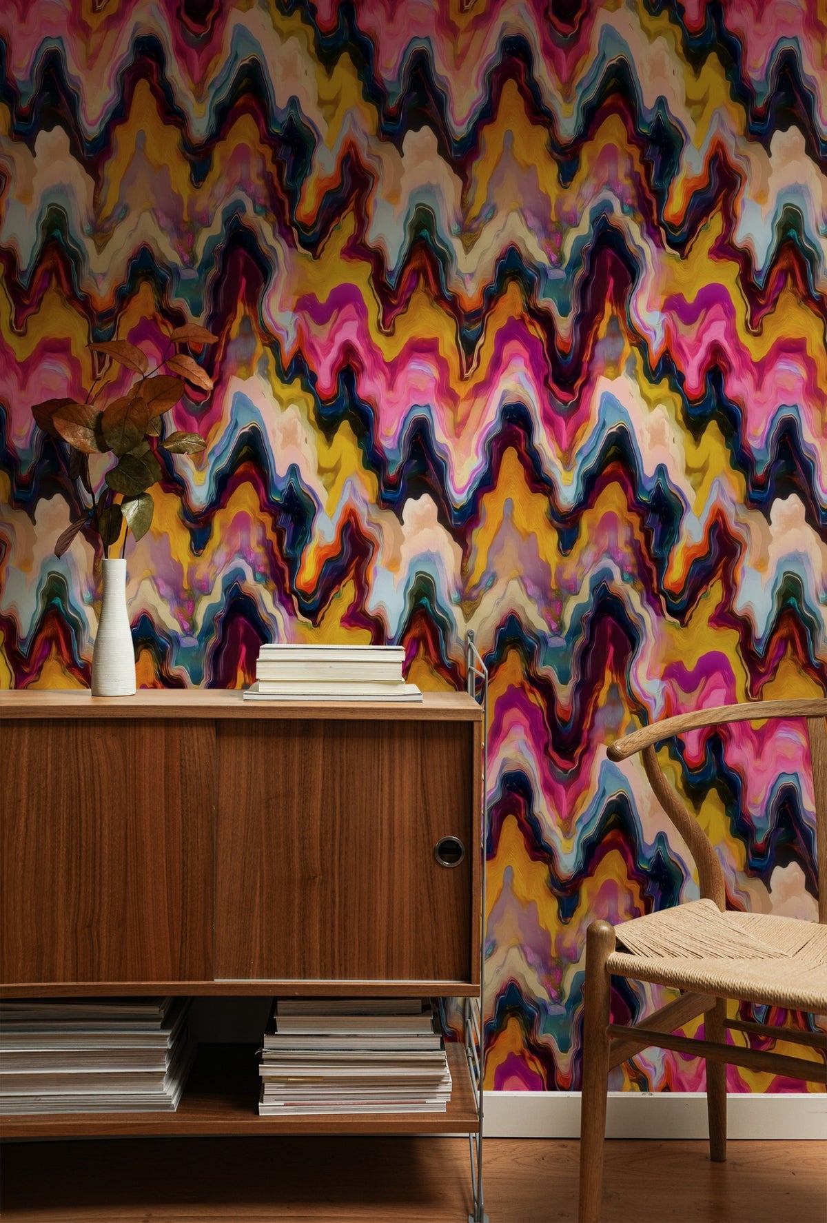 Painted Bridges large scale wallpaper in a styled room