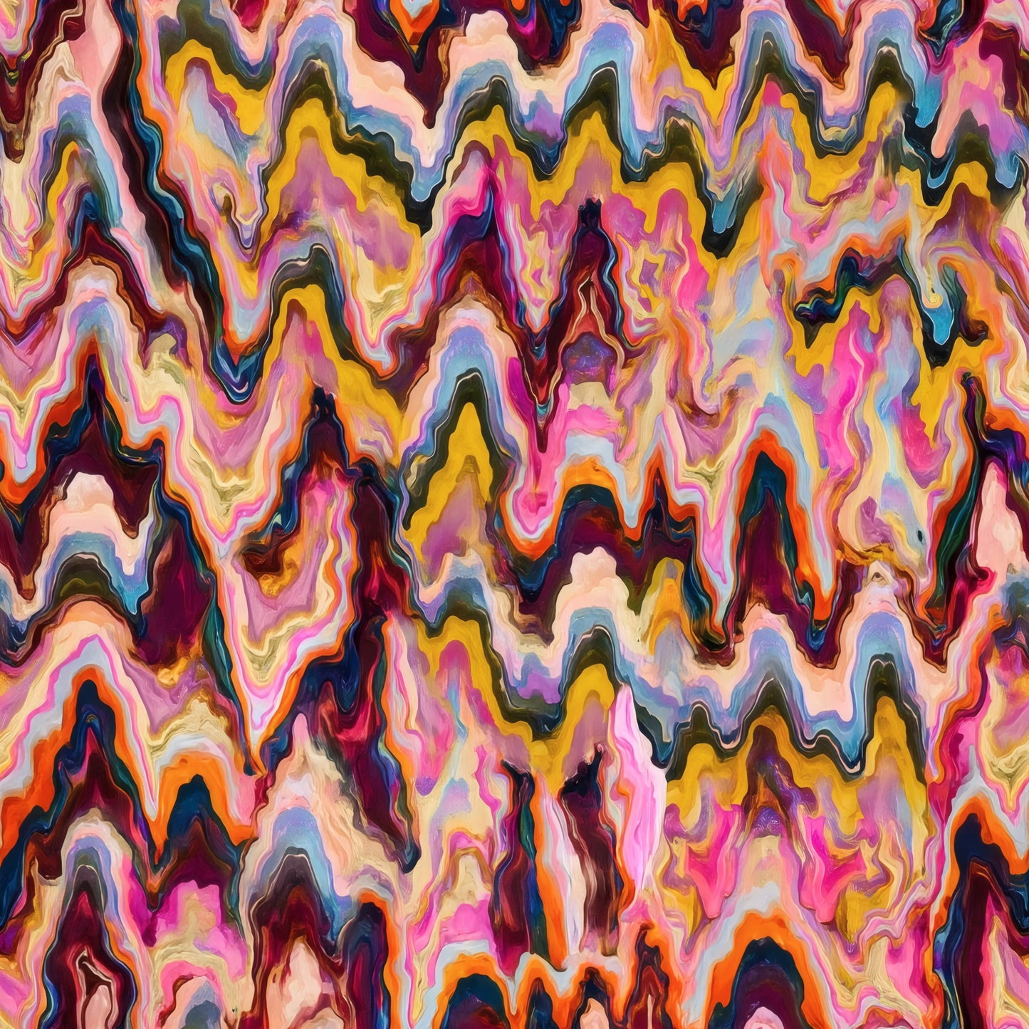 Marbled flame-stitch bands rising in pink, vermillion, mustard and sky blue peaks.