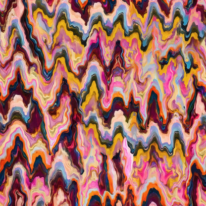 Marbled flame-stitch bands rising in pink, vermillion, mustard and sky blue peaks.