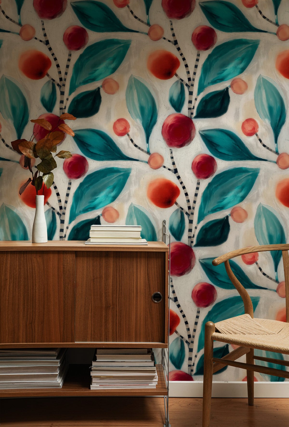 Painted Cherries large scale wallpaper in a styled room