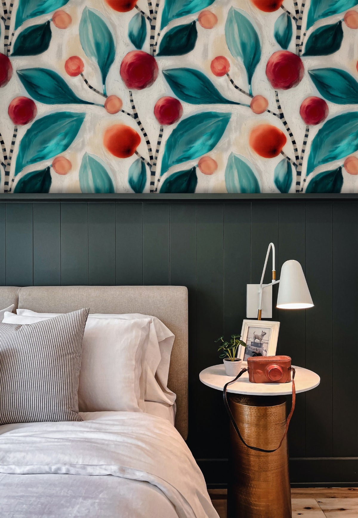 Painted Cherries large scale wallpaper in a styled room