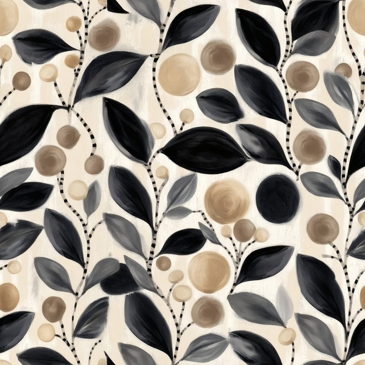 Painted charcoal and grey leaves with taupe and sand berries on striped stems over warm cream.