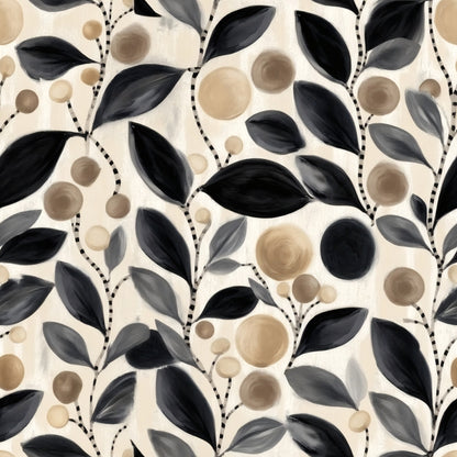 Painted charcoal and grey leaves with taupe and sand berries on striped stems over warm cream.