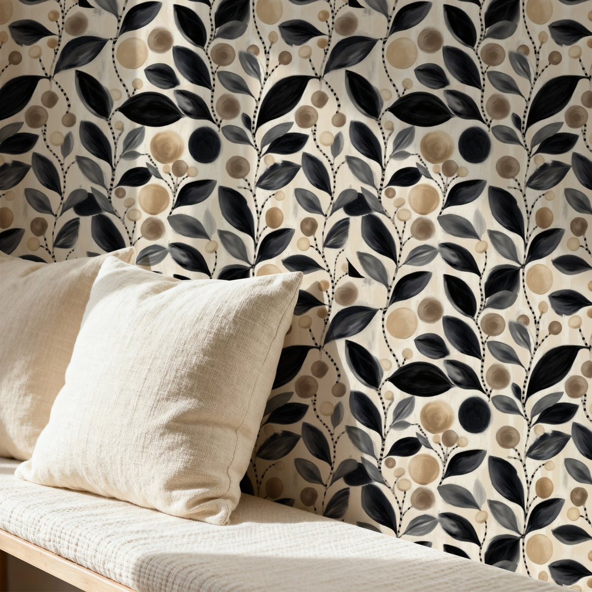 Painted Cherries wallpaper on a wall in a styled room