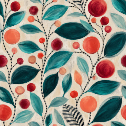 Painted coral and red cherries with teal leaves and striped stems on warm cream.