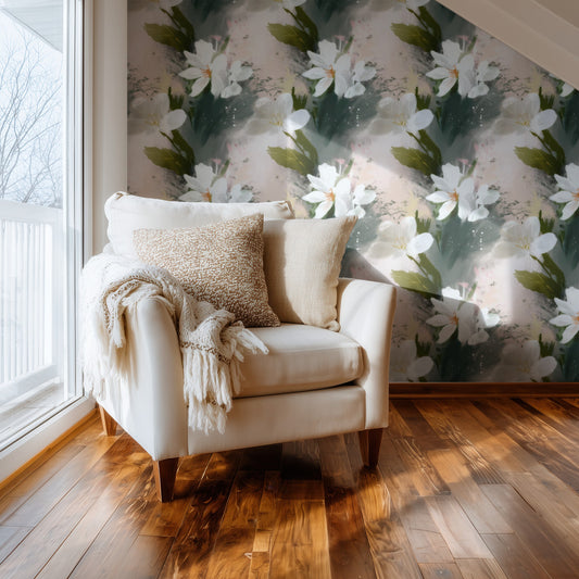 Painted Flora large scale wallpaper in a styled room