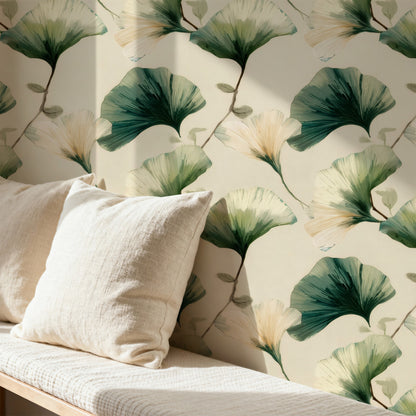 Painted Ginkgo large scale wallpaper in a styled room