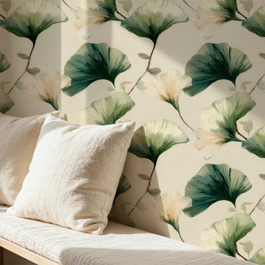 Painted Ginkgo large scale wallpaper in a styled room