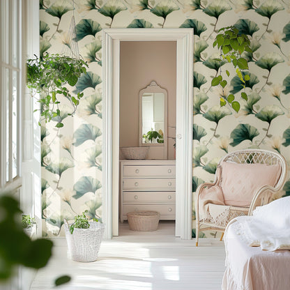 Painted Ginkgo large scale wallpaper in a styled room