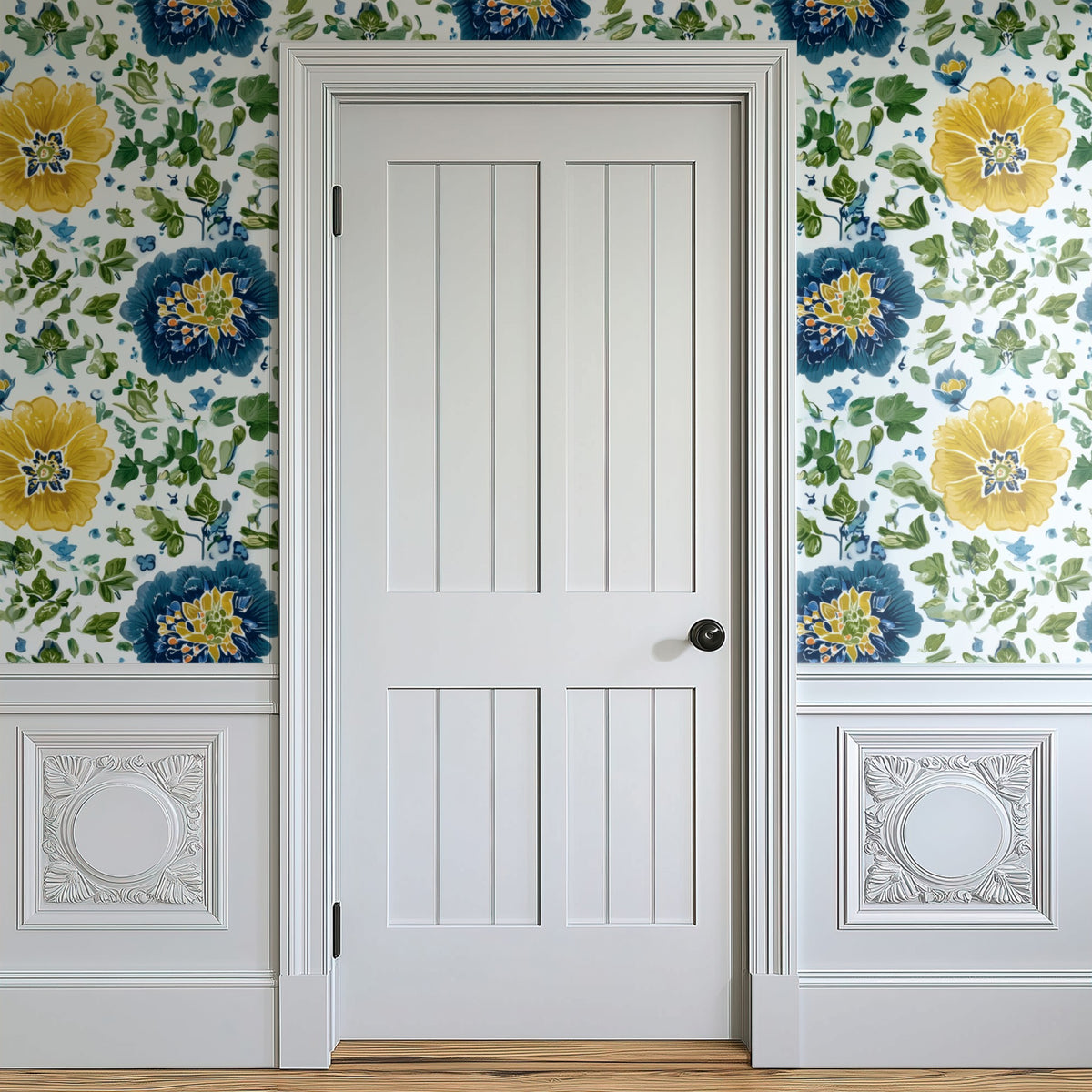 Painted Posies large scale wallpaper in a styled room