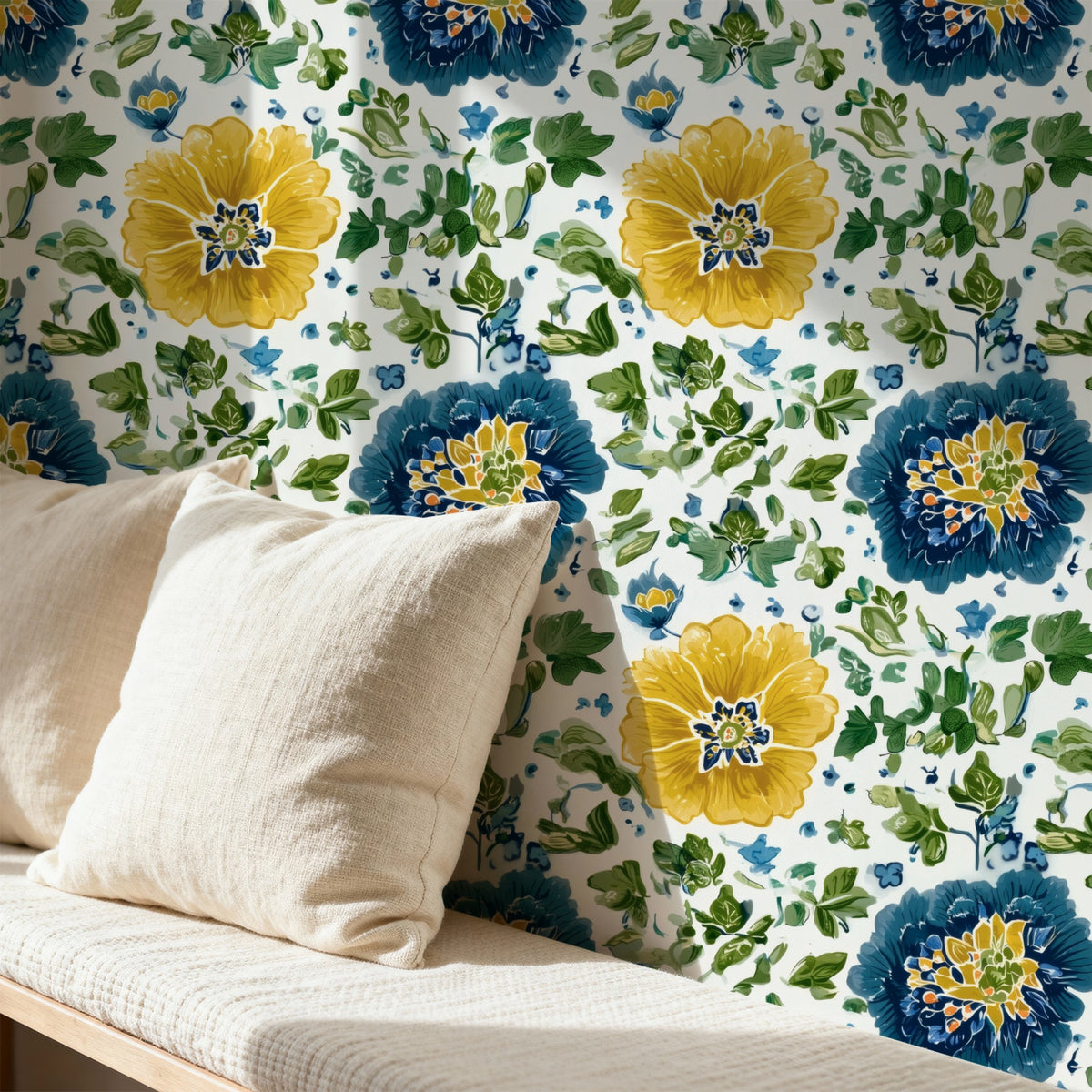 Painted Posies large scale wallpaper in a styled room
