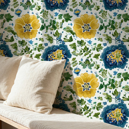 Painted Posies large scale wallpaper in a styled room