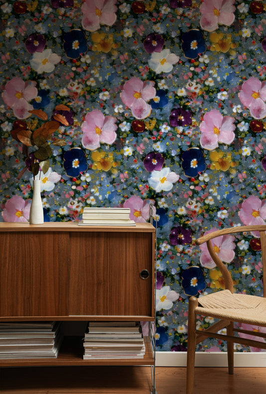 Pansy Patch large scale wallpaper in a styled room