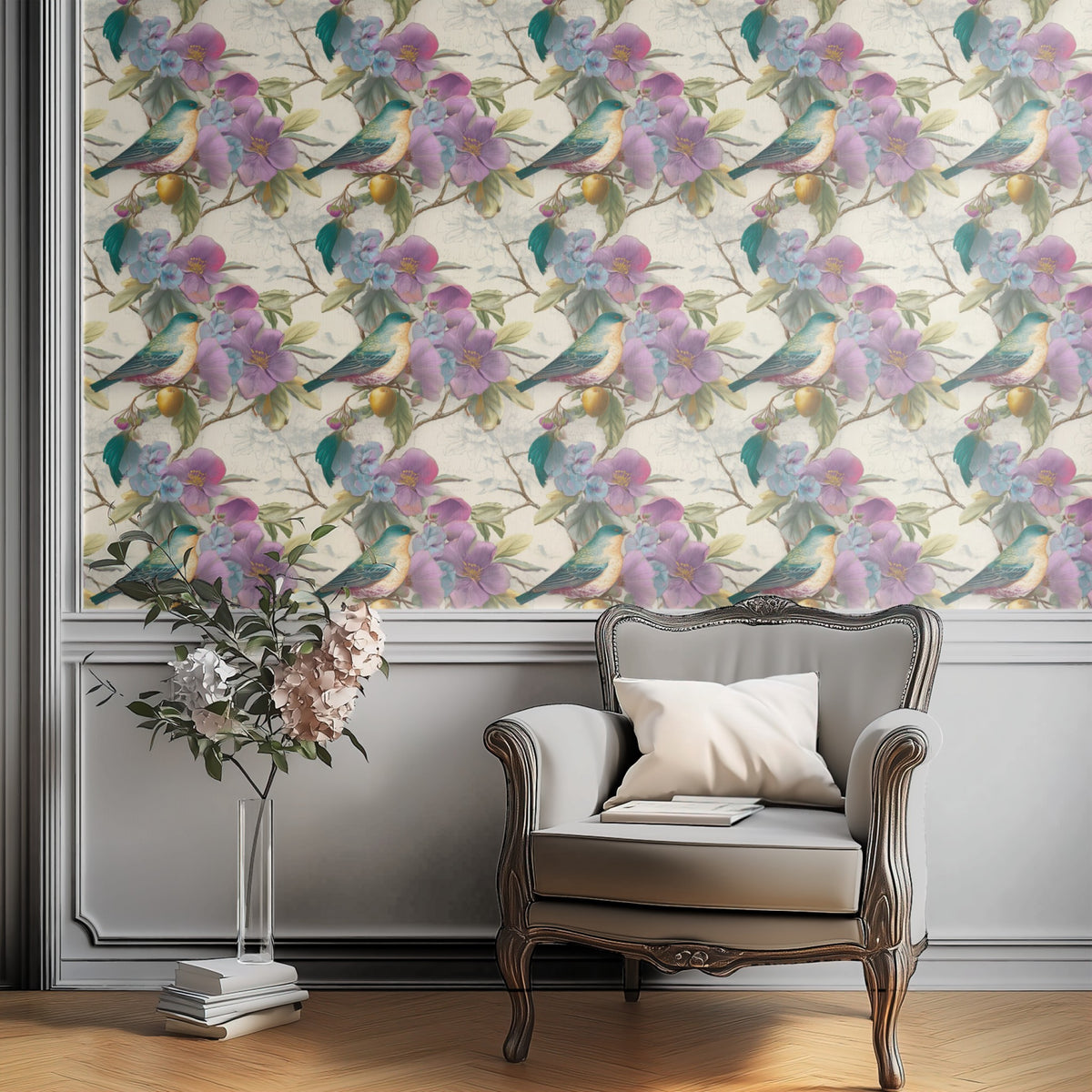 Parchment Birds large scale wallpaper in a styled room
