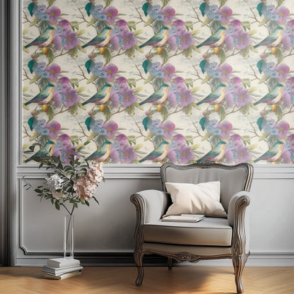 Parchment Birds large scale wallpaper in a styled room