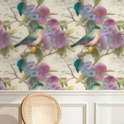 Parchment Birds large scale wallpaper in a styled room