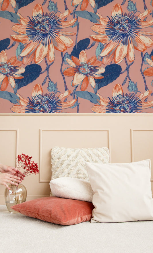 Passion Flower large scale wallpaper in a styled room