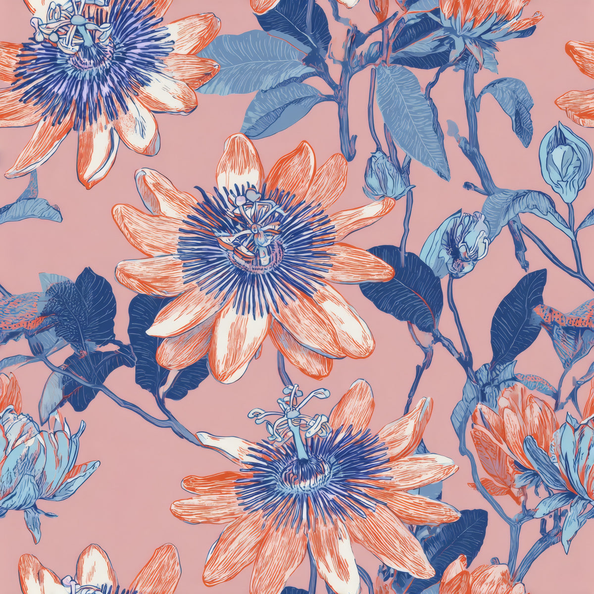 Coral and cobalt passion flowers with blue leaves on a dusty rose ground.