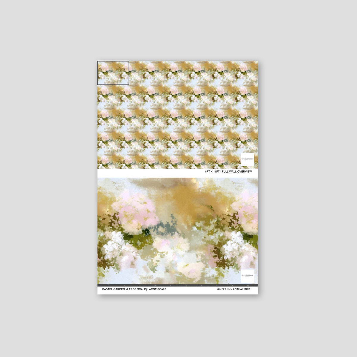 Pastel garden wallpaper with abstract florals in dusty pinks and greens.