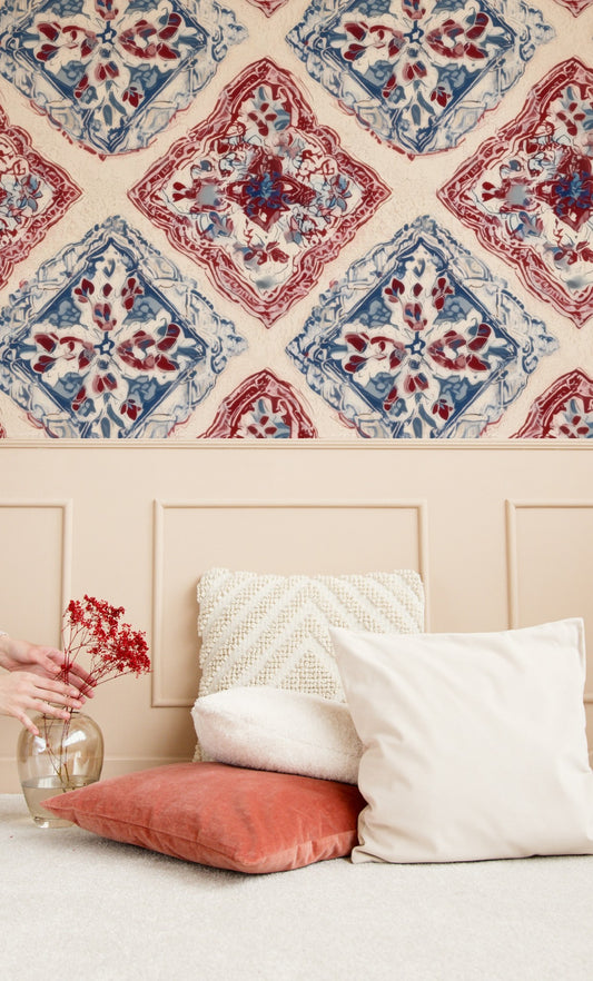 Patchwork Tile large scale wallpaper in a styled room