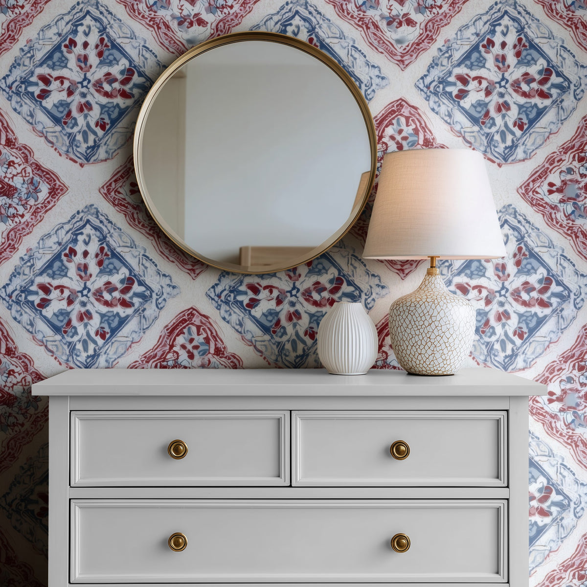 Patchwork Tile large scale wallpaper in a styled room