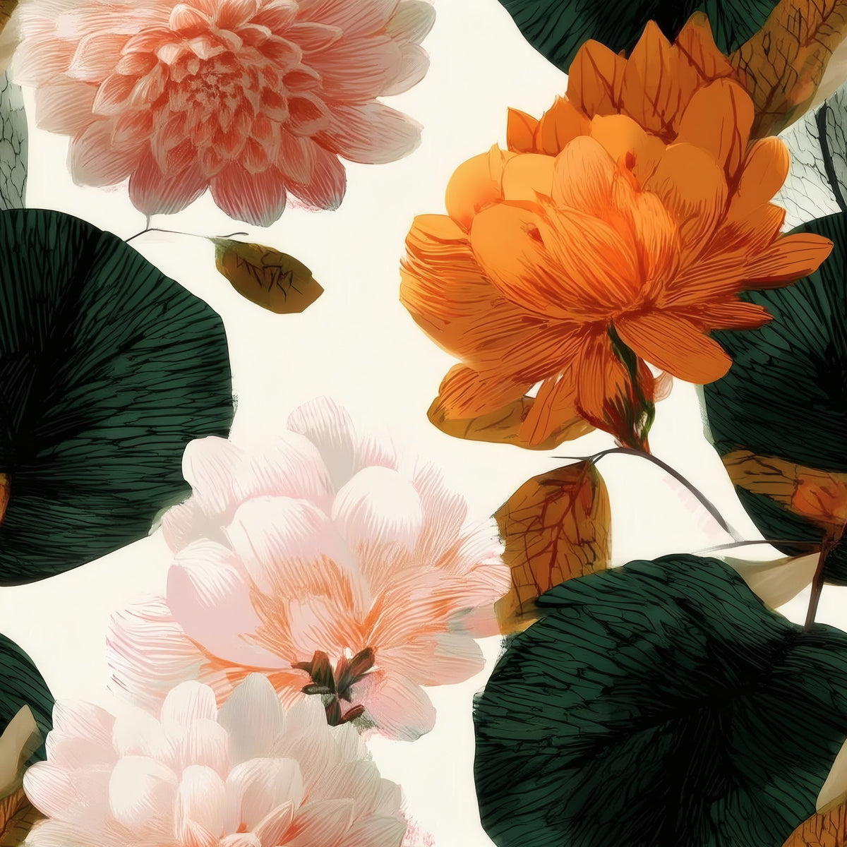 Peach Dahlia large scale wallpaper pattern repeat